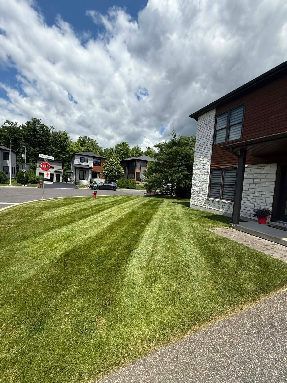 Striped front lawn in front of a modern house