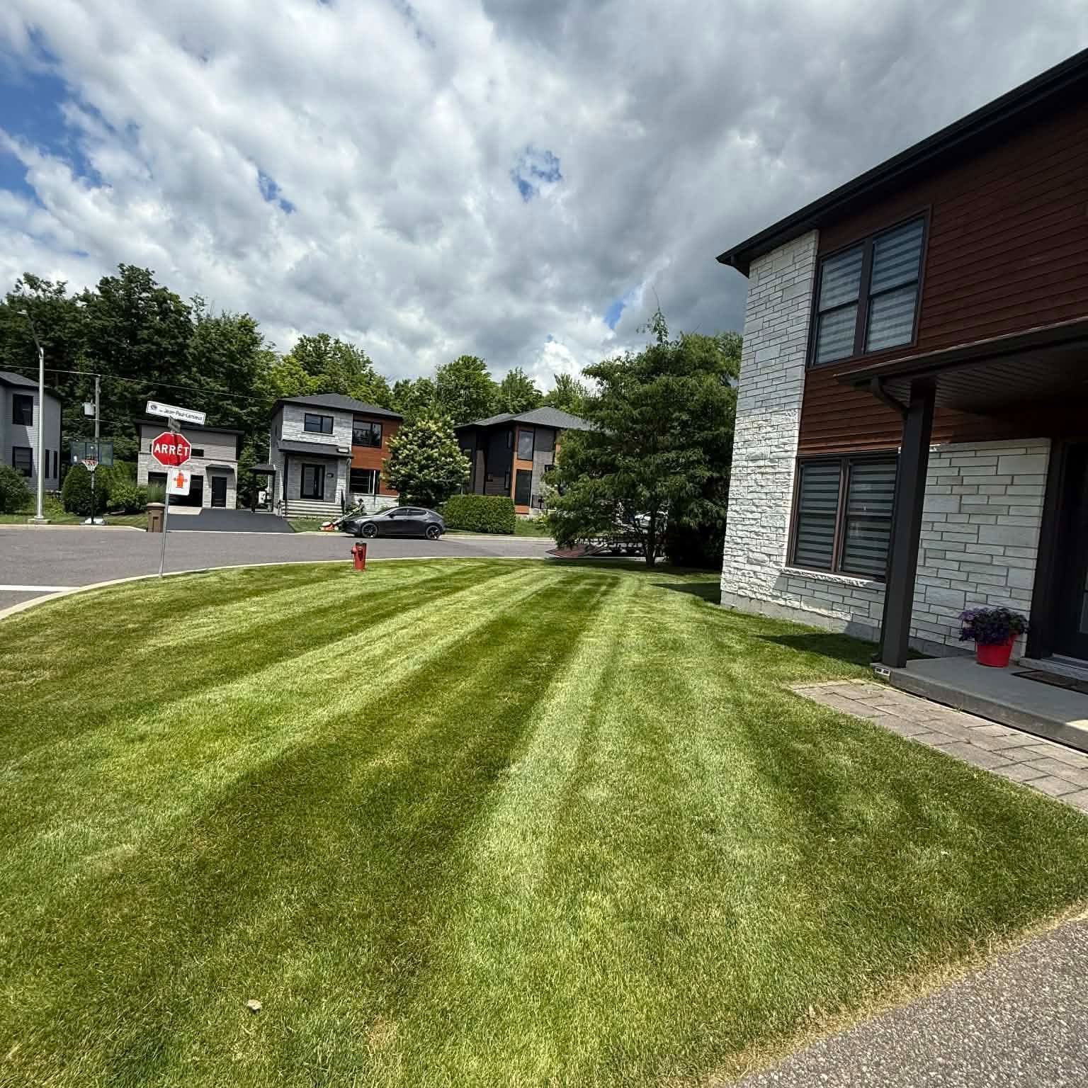 Residential lawn mowed in stripes in front of a house