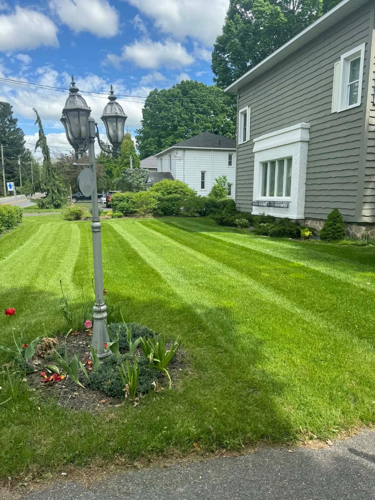 Lamp post and a residential lawn mowed in stripes